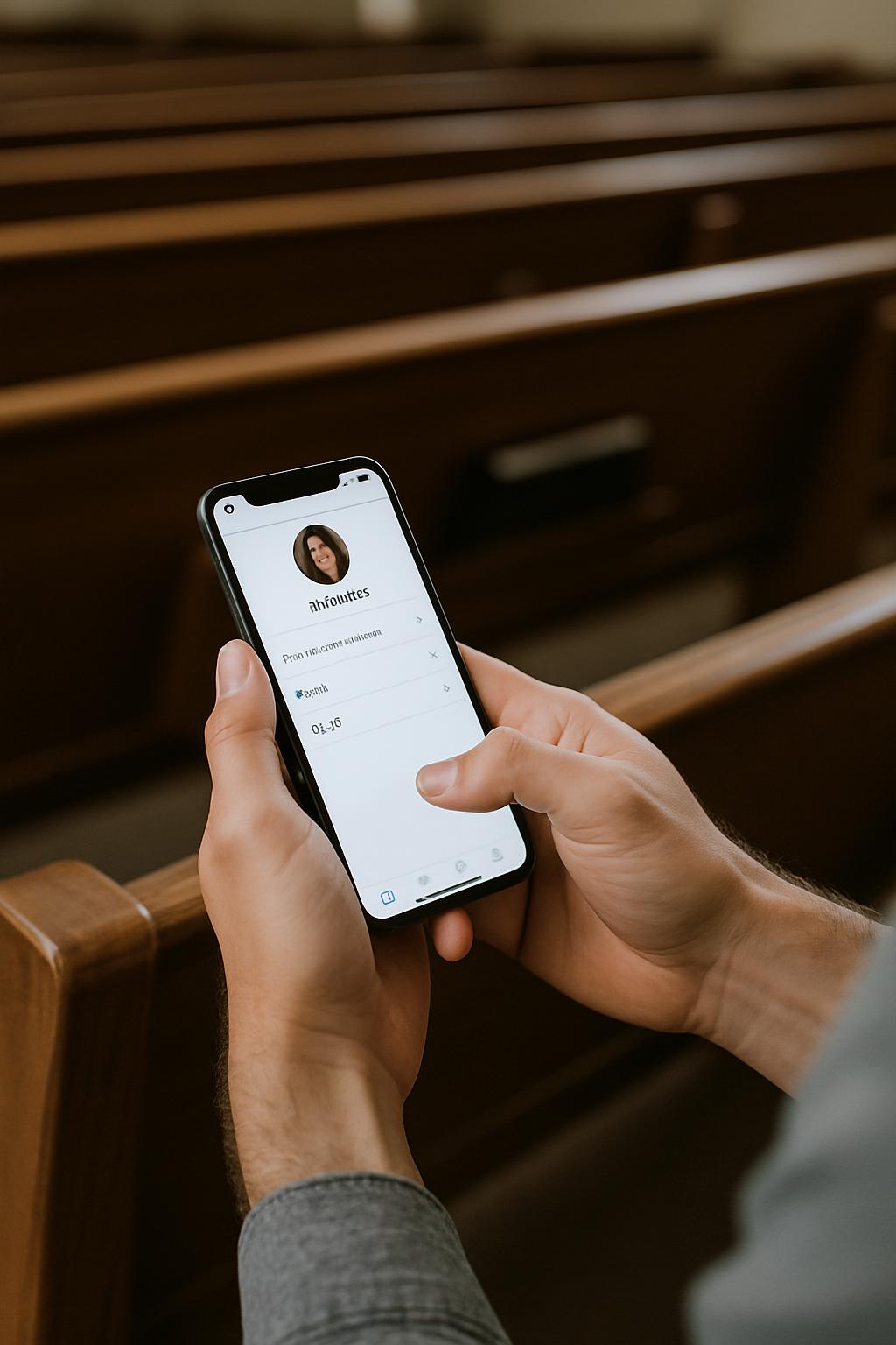 A pessoa sentada no banco da igreja, mostrando um vídeo no celular rosado com uma imagem de uma mulher na tela do aplicativo.