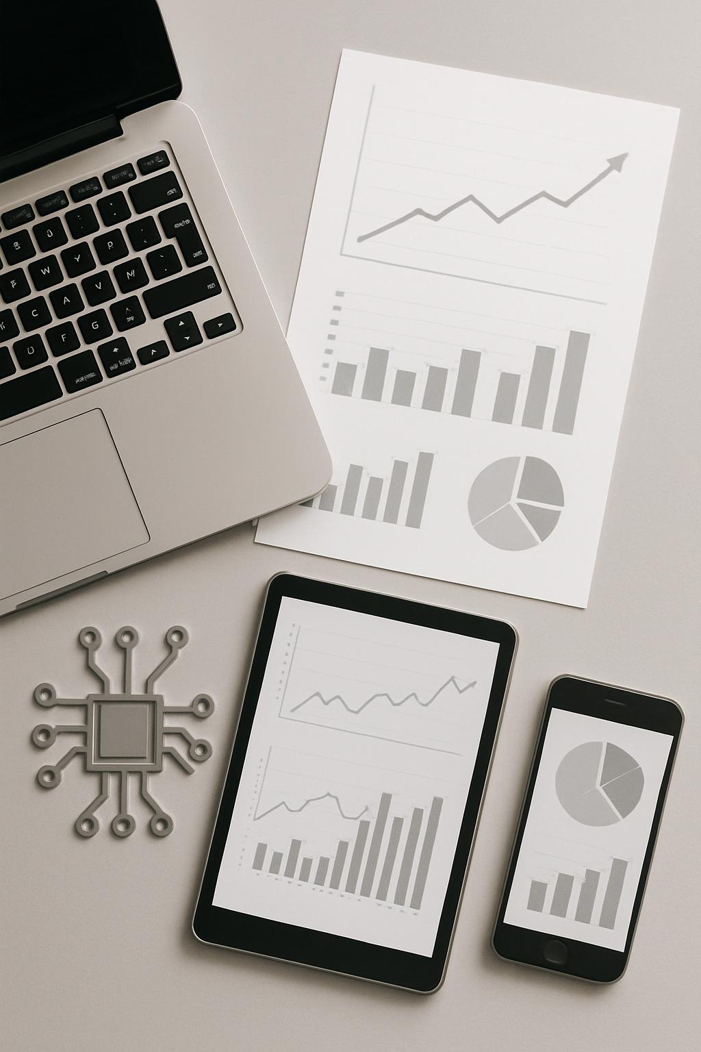 Tech devices and data visualizations on a gray surface.